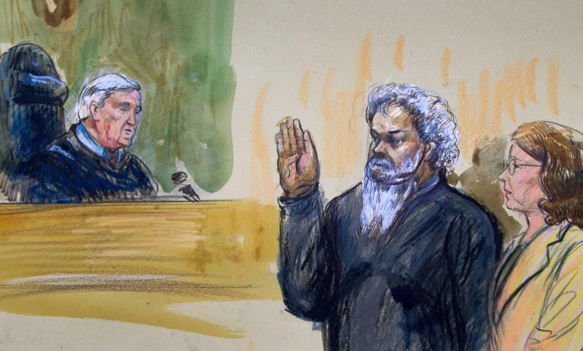 Artist's rendering shows U.S. Magistrate Judge John Facciola swearing in the defendant, Libyan militant Ahmed Abu Khatallah, wearing a headphone, as his attorney Michelle Peterson watches.