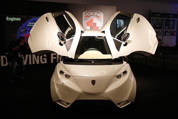 The Doking XD electric concept vehicle on display at the Los Angeles Auto Show.