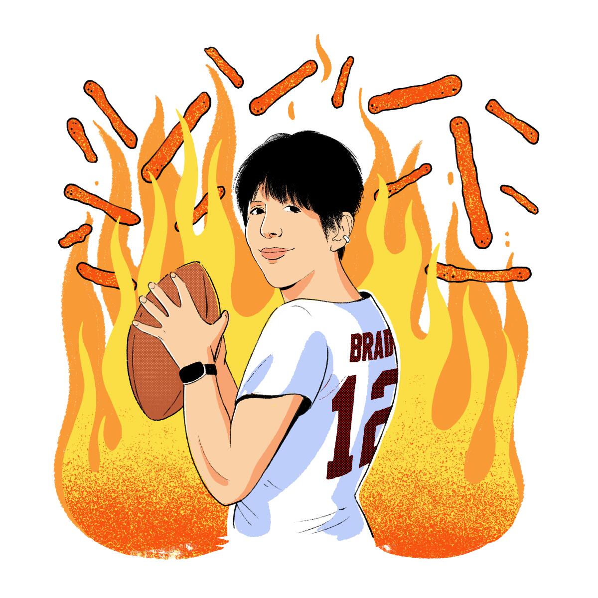 Illustration of Diane Warren holding a football with flames behind her.