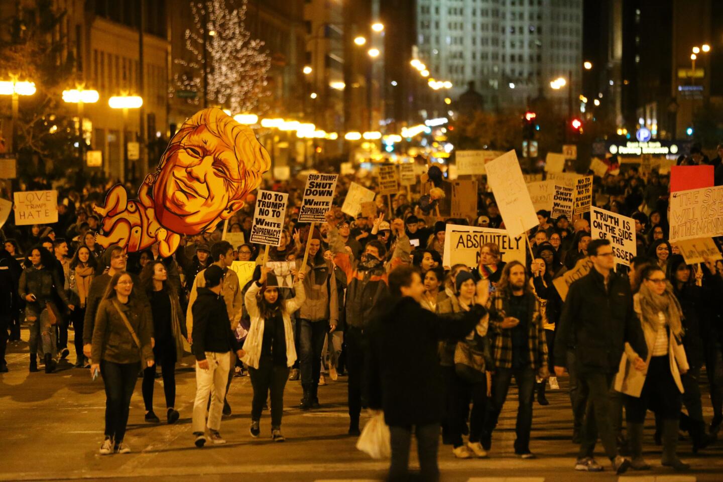 Anti-Trump protesters march in downtown Chicago