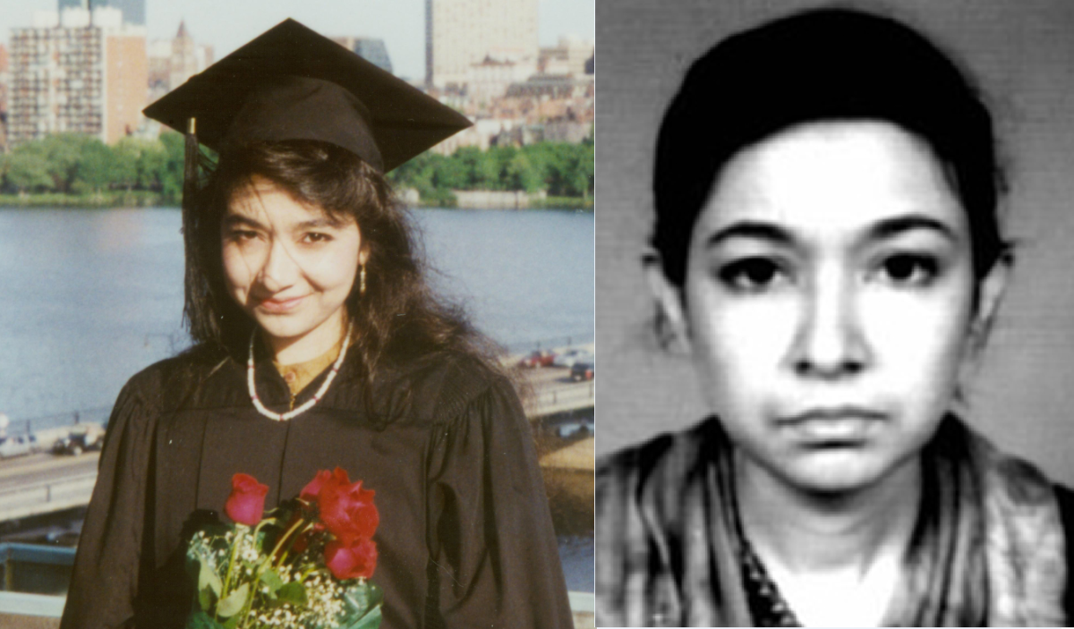 Aafia Siddiqui, left, in a family photo taken after her graduation from Massachusetts Institute of Technology. At right, in a photo released by the FBI in 2004.