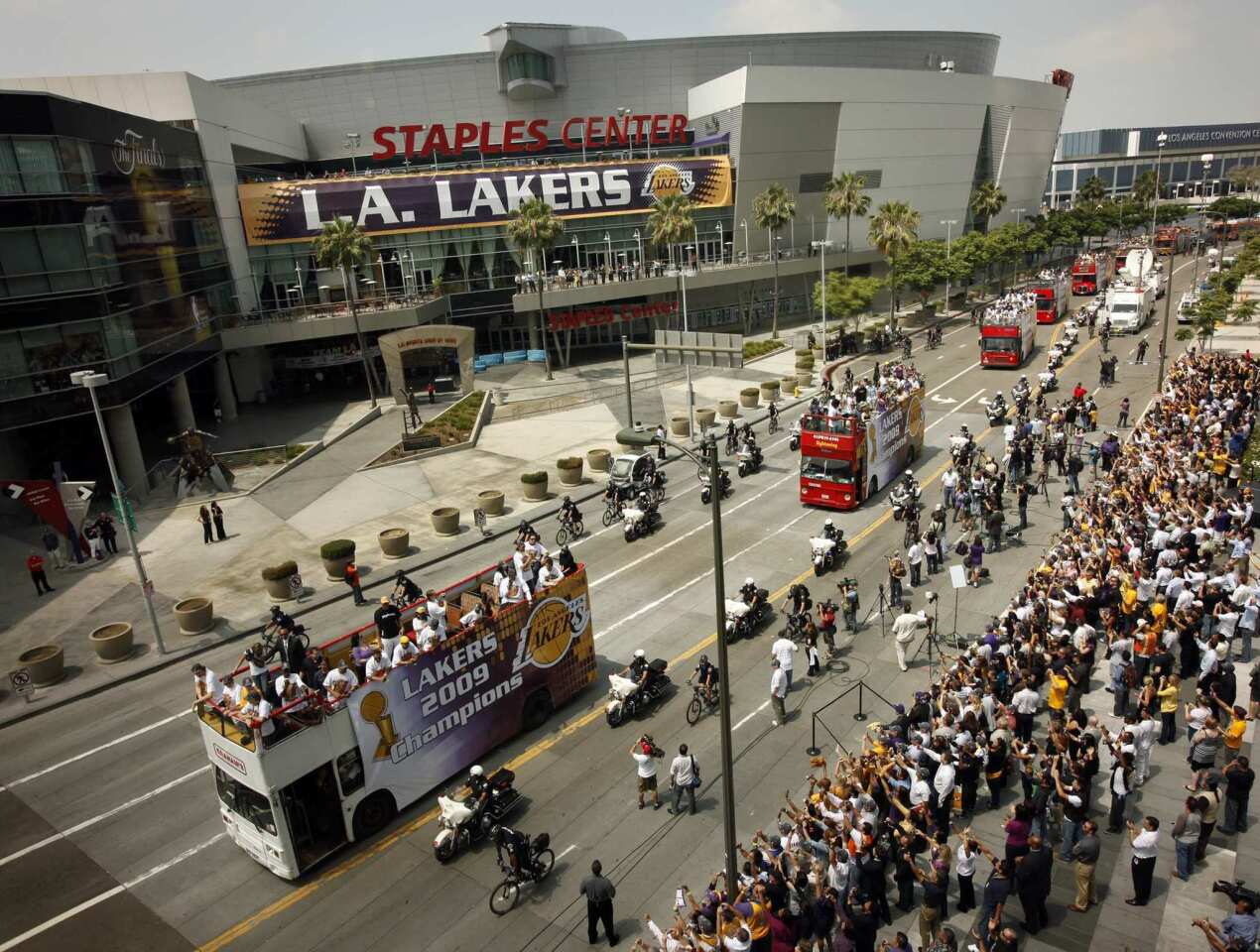 The L.A. Lakers travel past Staples Center during the team's victory parade in June 2009. AEG holds a minority stake in the Lakers.