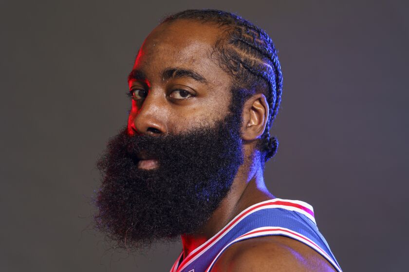 Philadelphia 76ers' James Harden poses for a photograph during media day at the NBA basketball team's practice facility, Monday, Sept. 26, 2022 in Camden, N.J. (AP Photo/Chris Szagola)