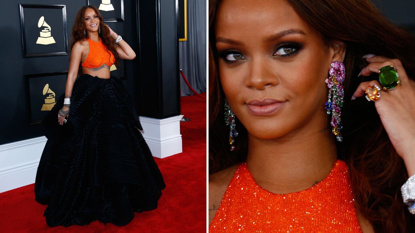 Rihanna arrives at the 59th Grammy Awards.