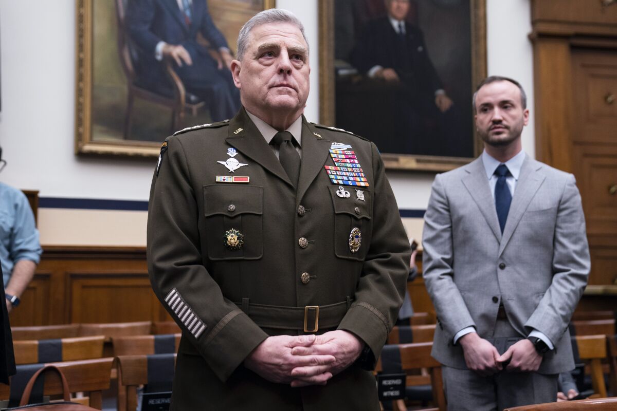 Chairman of the Joint Chiefs of Staff Gen. Mark Milley arrives for a House Armed Services Committee hearing on the fiscal year 2023 defense budget, Tuesday, April 5, 2022, in Washington. (AP Photo/Evan Vucci)