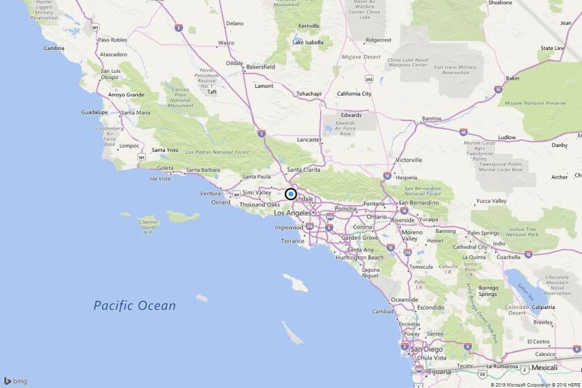 A map showing the location of the epicenter of Saturday evening's quake in Northridge