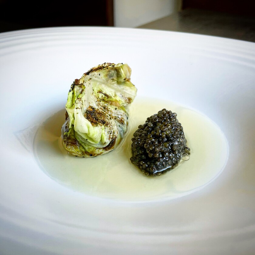 Grilled cabbage gyoza (dumpling) with caviar at Matsu Restaurant in Oceanside.