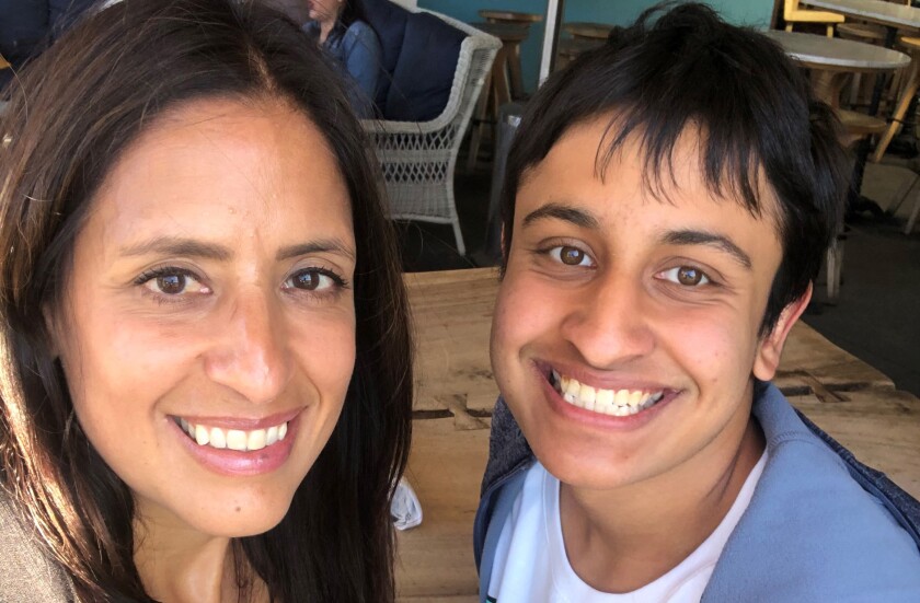 Carmel Valley resident Maanav Kooner, 17, smiles with his mother, Dr. Banita Sehgal, in this photo from January 2019. Maanav and his father, Dr. Rajnish Kooner, died in a solo-car crash in Carmel Valley on April 10.