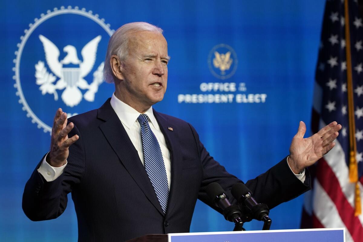 President-elect Joe Biden speaks during an event at the Queen theater in Wilmington, Del.