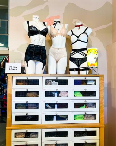 Mannequins in bras sit atop drawers.