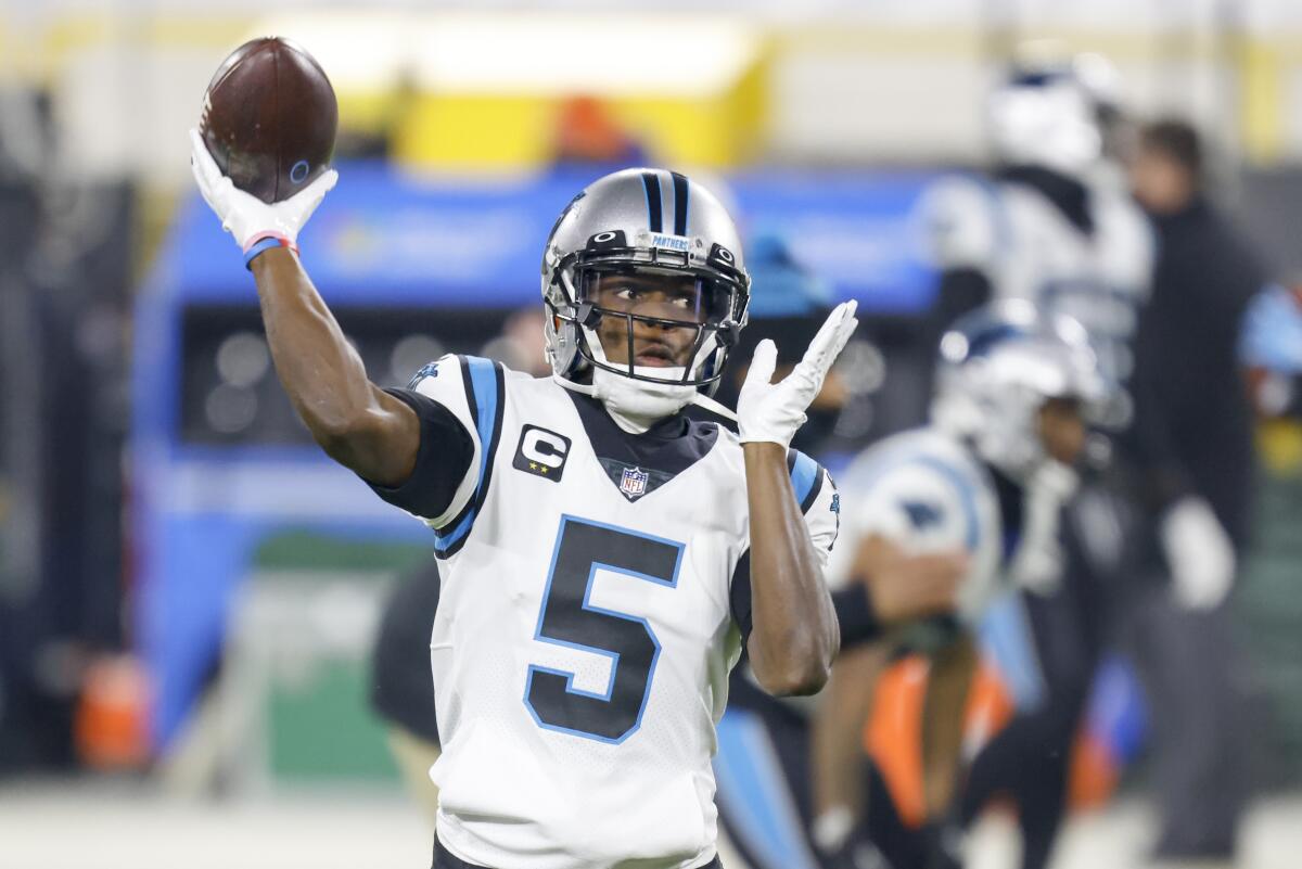 Carolina Panthers quarterback Teddy Bridgewater warms up before playing the Green Bay Packers on Dec. 19.
