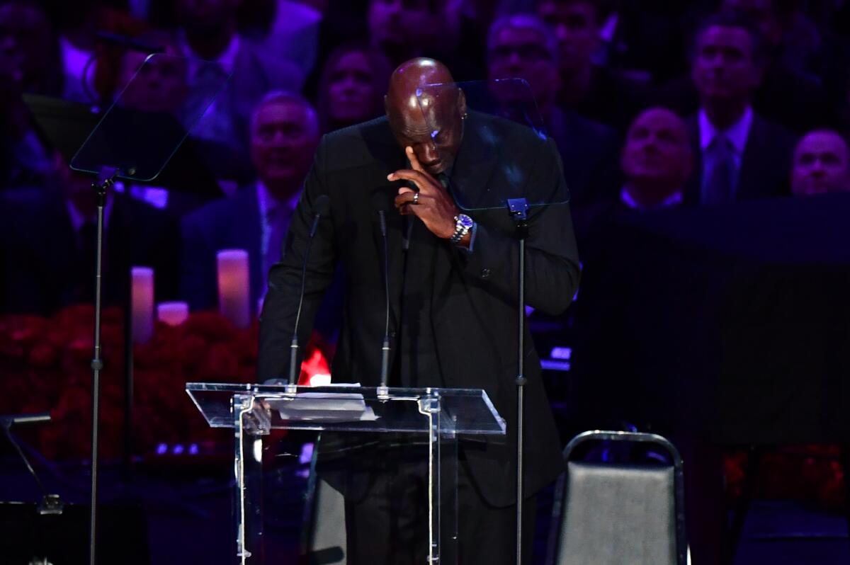 Retired US basketball player Michael Jordan cries as he speaks during the "Celebration of Life for Kobe and Gianna Bryant" service at Staples Center in Downtown Los Angeles on February 24, 2020. - Kobe Bryant, 41, and 13-year-old Gianna were among nine people killed in a helicopter crash in the rugged hills west of Los Angeles on January 26. (Photo by Frederic J. BROWN / AFP) (Photo by FREDERIC J. BROWN/AFP via Getty Images)
