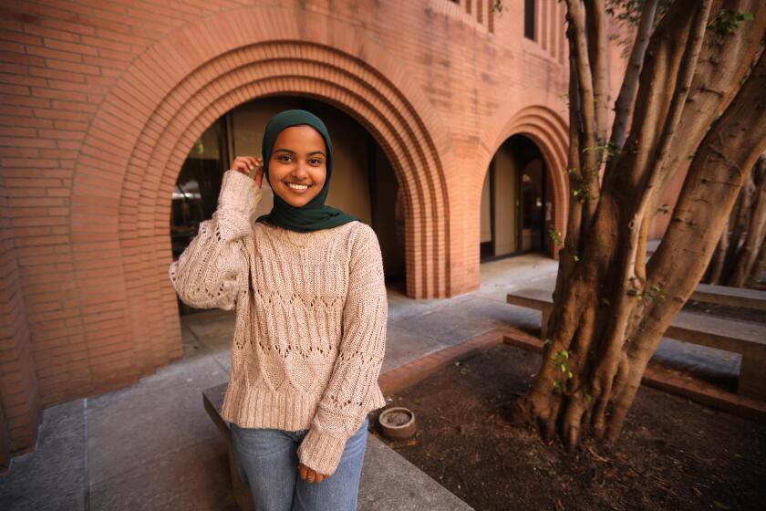 LOS ANGELES, CA - APRIL 16, 2024 - Asna Tabassum, a graduating senior at USC, was selected as valedictorian and offered a traditional slot to speak at the 2024 graduation. After on-and-off campus groups criticized the decision and the university said it received threats, it pulled her from the graduation speakers schedule. Tabassum was photographed on the USC campus on April 16, 2024. (Genaro Molina/Los Angeles Times)