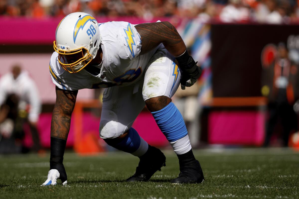 Chargers defensive tackle Austin Johnson lines up against the Cleveland Browns in October.