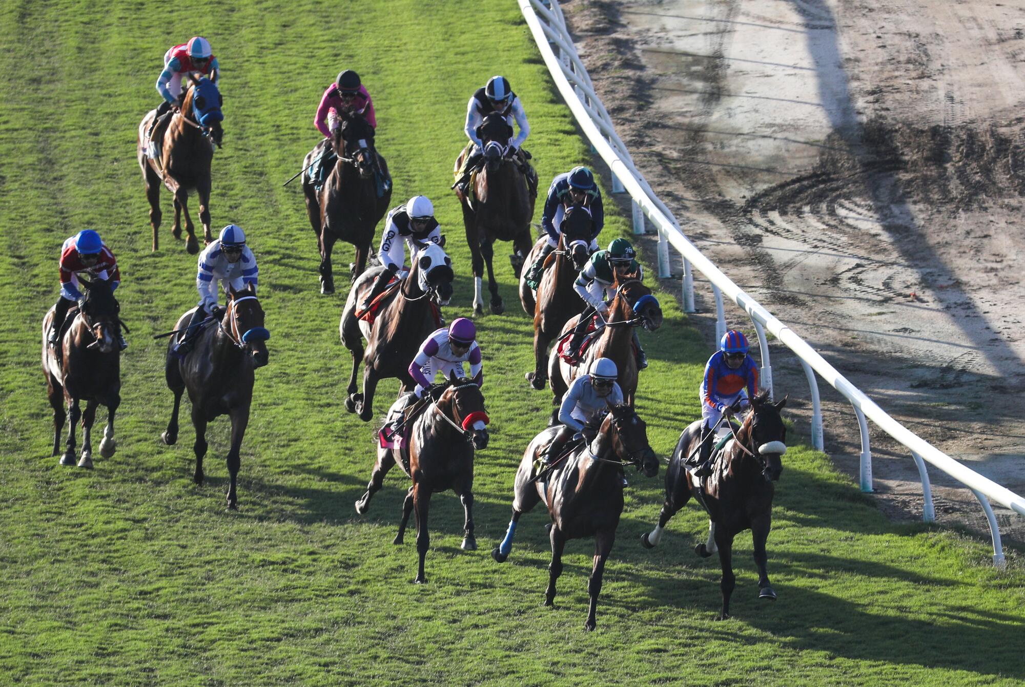 Horses sprint from the gates during the final race of Friday's event at Del Mar.