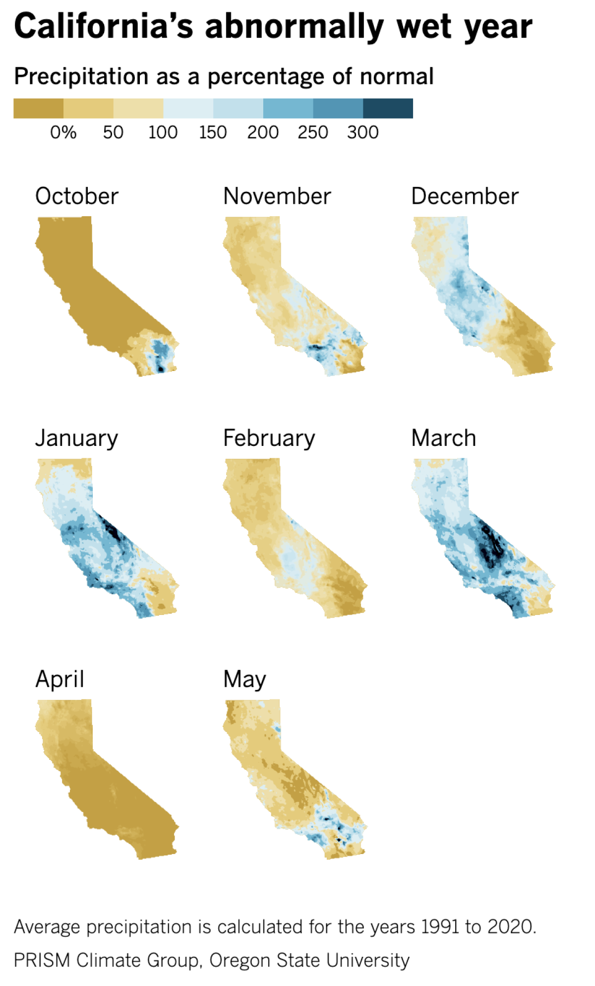 Monthly color-coded precipitation maps illustrate California's rains between October and May