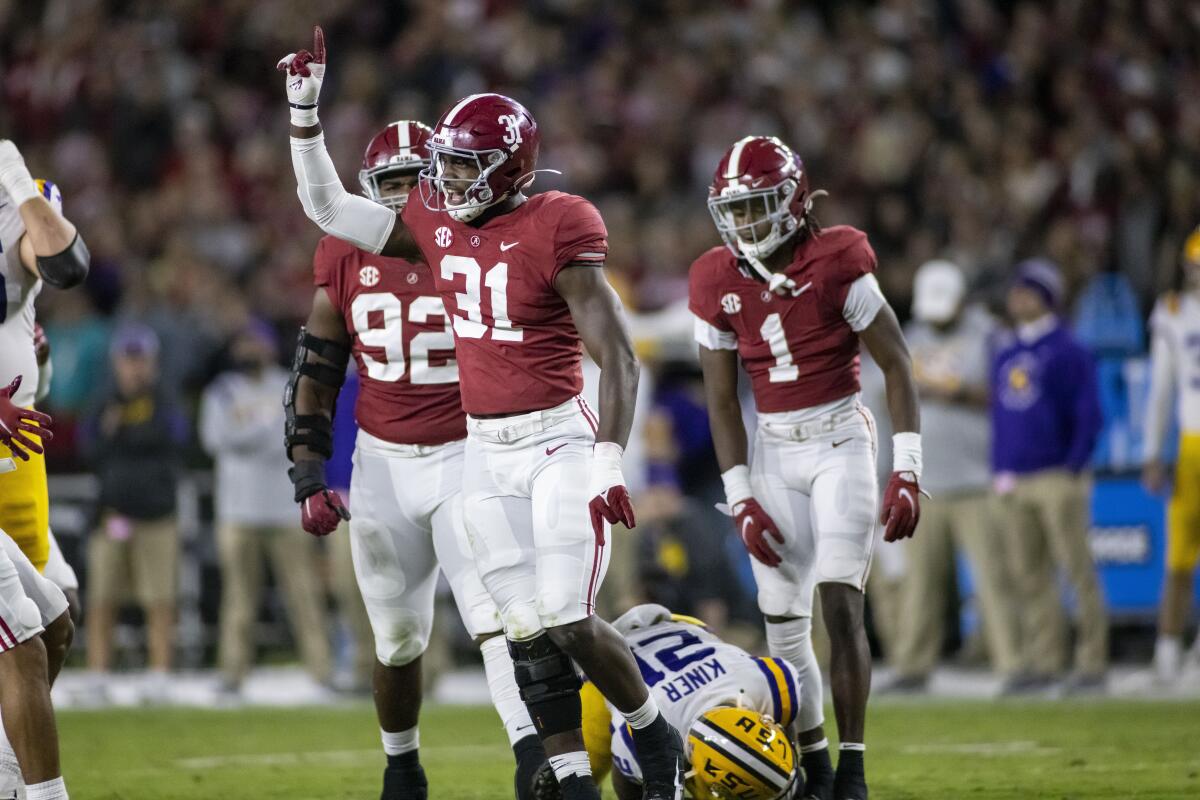 Alabama linebacker Will Anderson Jr. (31) celebrates a defensive stop against LSU during the first half Nov. 6, 2021.