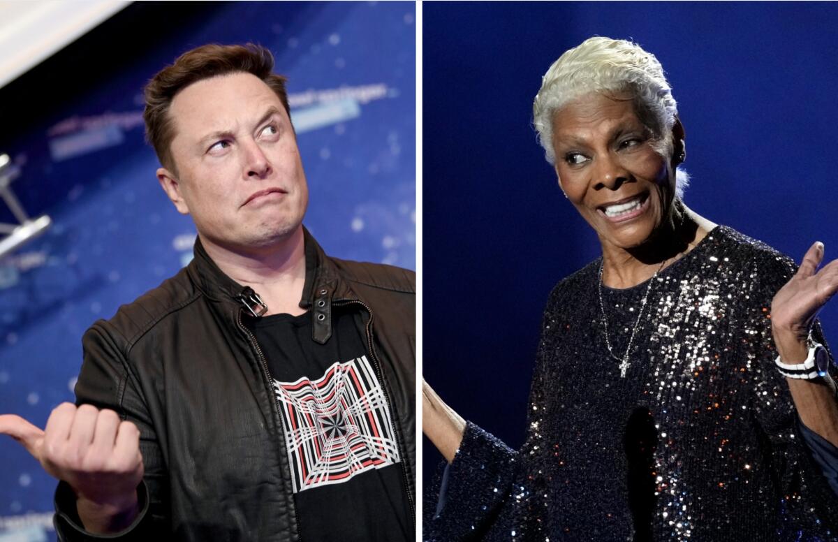 Two photos: Elon Musk in a T-shirt and leather jacket; Dionne Warwick smiling in a dark sparkling dress.