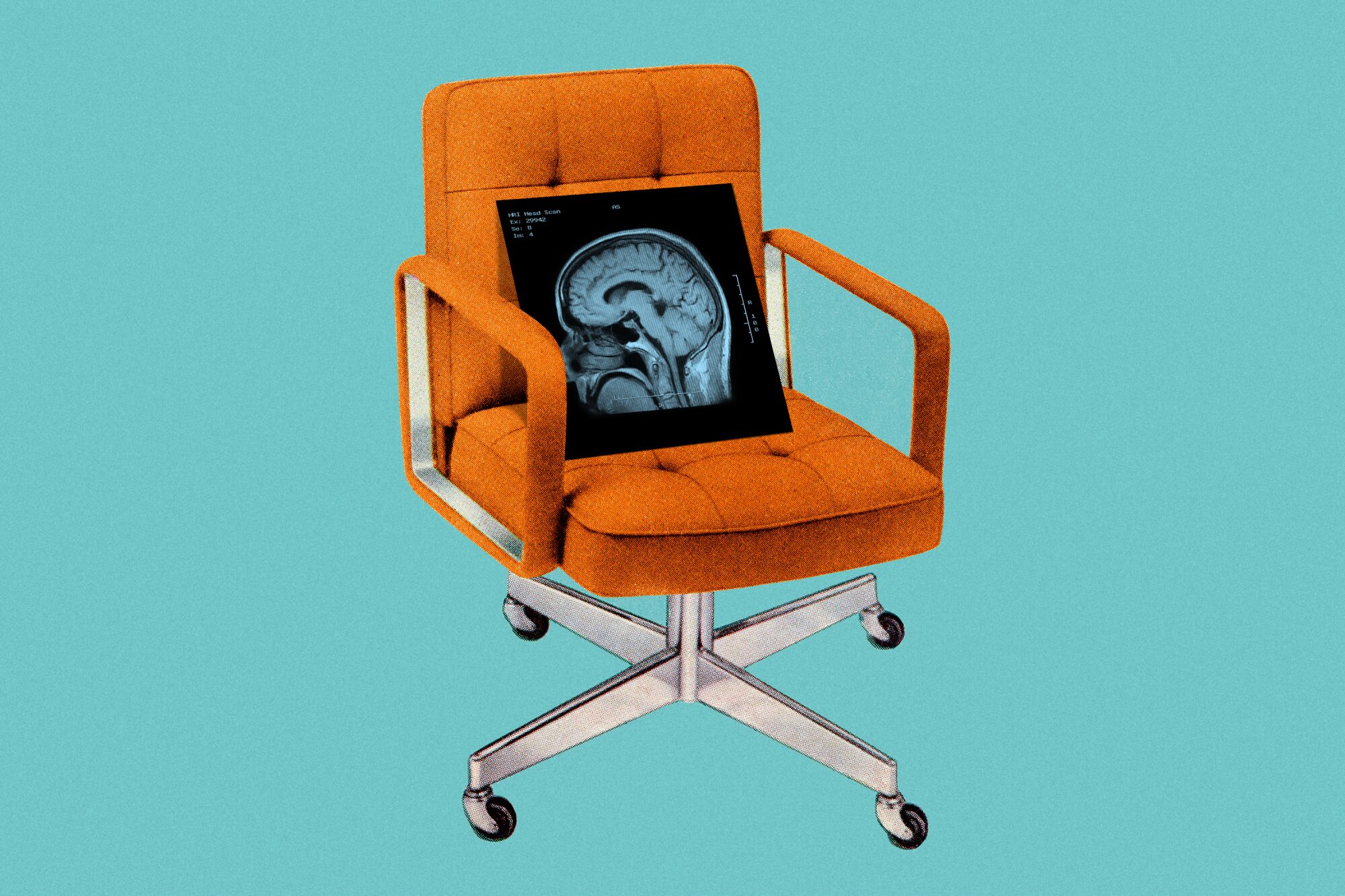 Photo illustration of an office chair with a brain scan resting on the seat.
