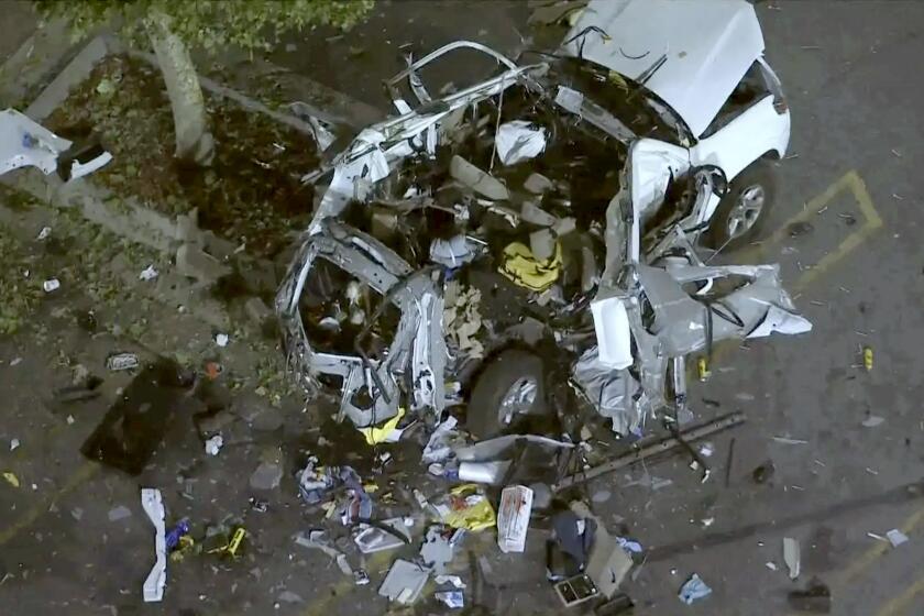 An SUV was destroyed in an explosion in a Van Nuys neighborhood parking lot in Los Angeles Thursday night, May 23, 2024.