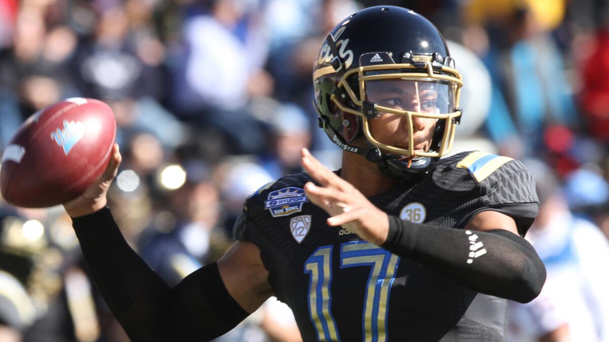 UCLA quarterback Brett Hundley passes during the Bruins' win over Virginia in the Sun Bowl in December. Hundley should benefit from a more experienced receiving corps this season.