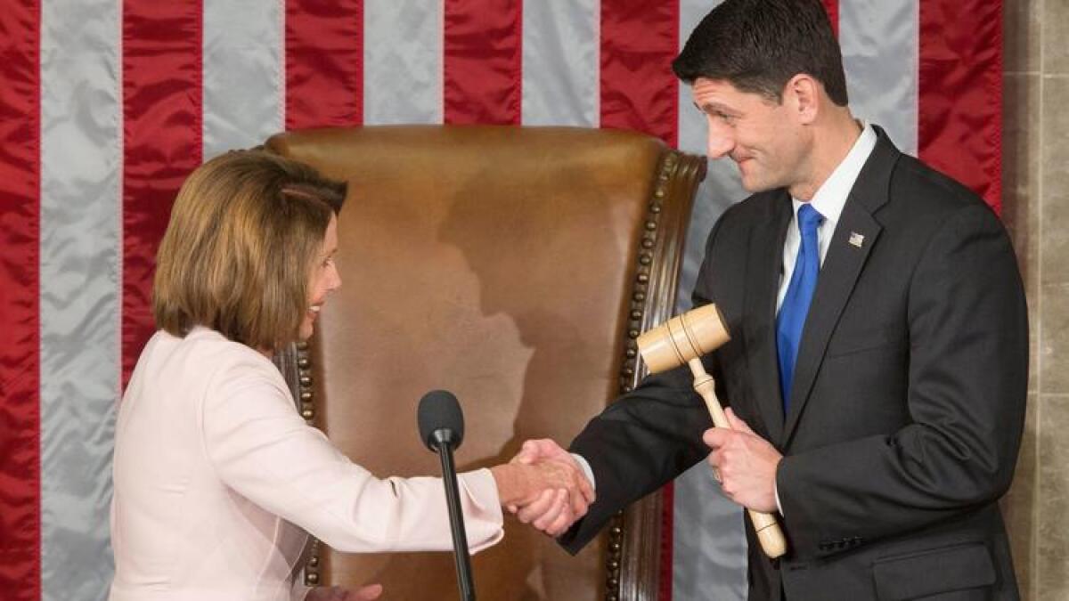 House Speaker Paul D. Ryan of Wisconsin greets House Minority Leader Nancy Pelosi of California.