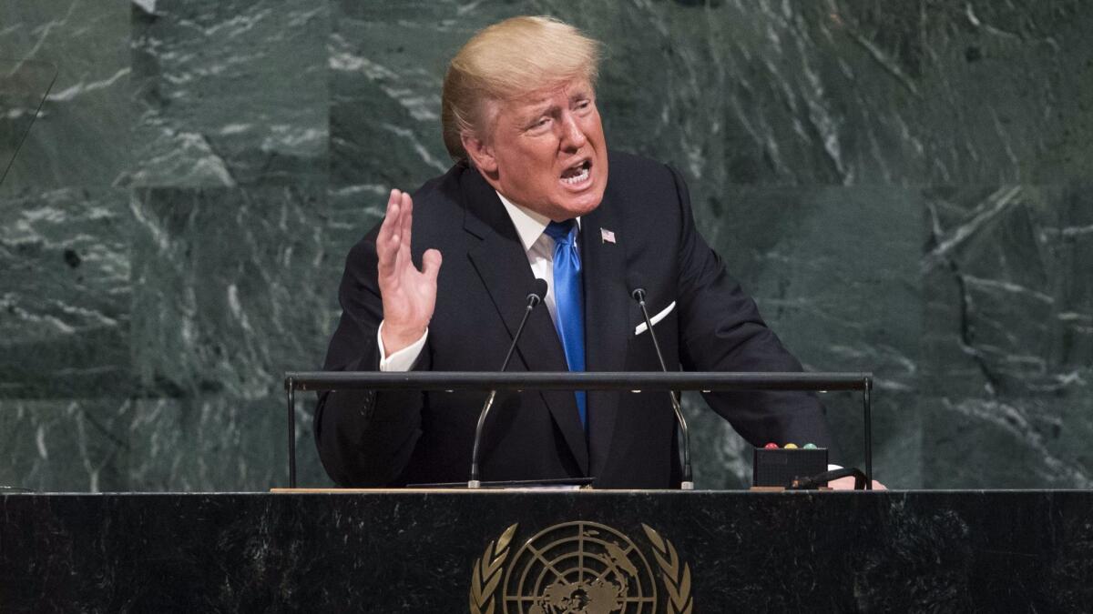 President Trump addresses the United Nations General Assembly at U.N. headquarters in New York City on Tuesday.