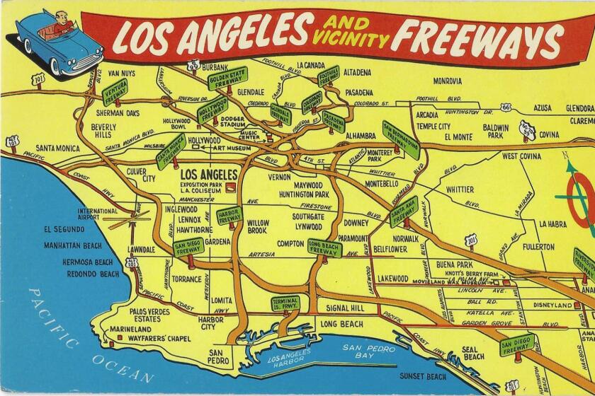 A cartoonish map of "Los Angeles and vicinity Freeways" on a postcard