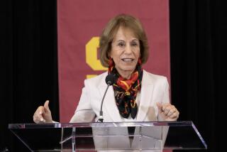 LOS ANGELES, CA- APRIL 05: USC President Carol Folt during the introductory press conference naming Eric Musselman as the head of the men's basketball team on Friday, April 5, 2024 at Albert J. Centofante Hall of Champions at Galen Center. (Myung J. Chun / Los Angeles Times)