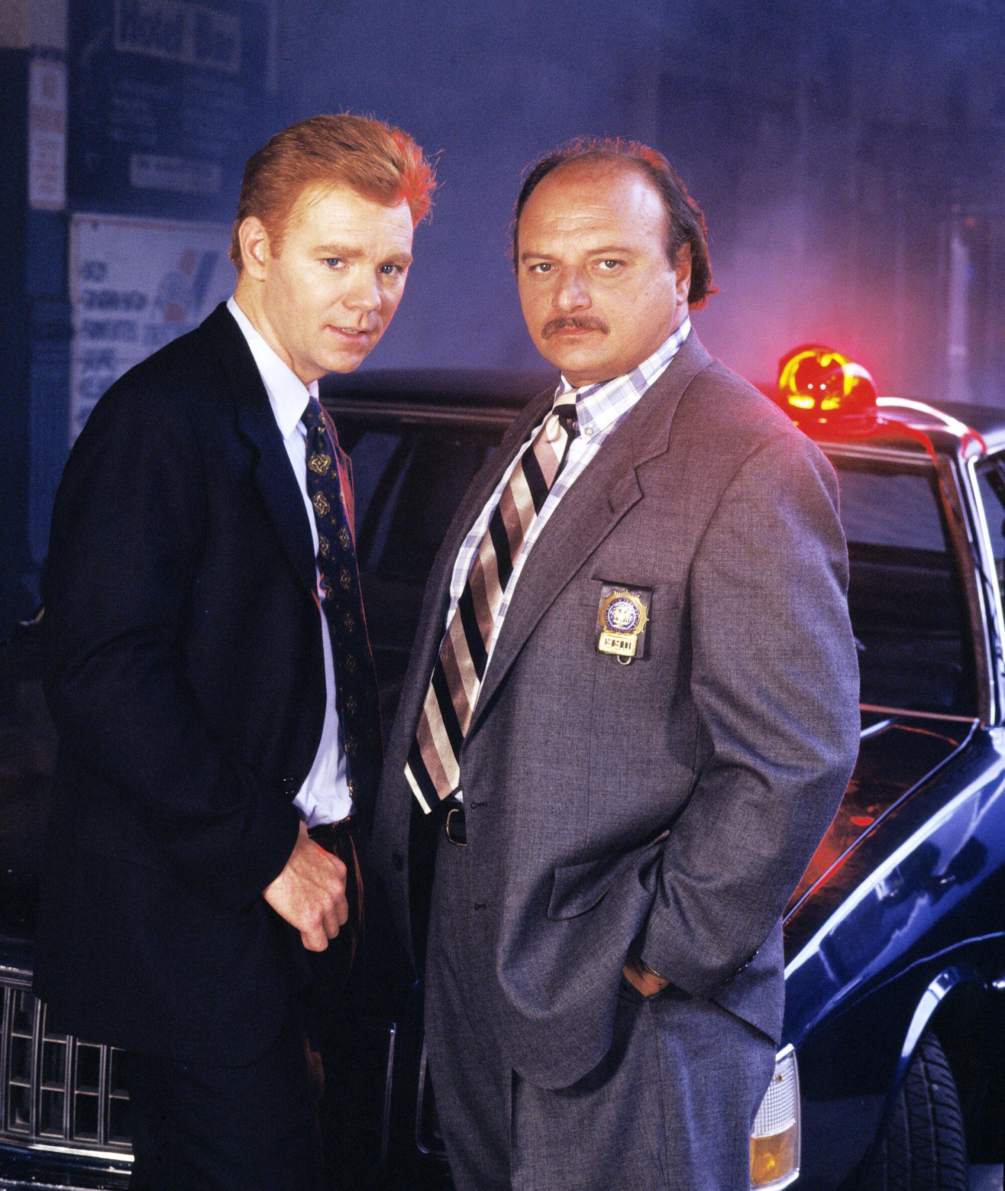 David Caruso, left, and Dennis Franz, played partners in the first season of ABC's police drama "NYPD Blue," 
