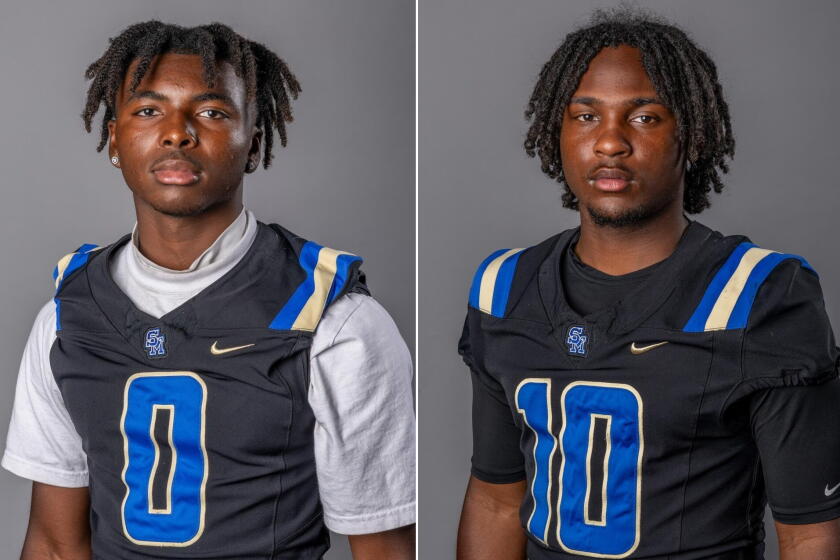 Side-by-side photos of Santa Margarita High football players Aydan Steen, left, and Kiyan Callis, who are freshmen.