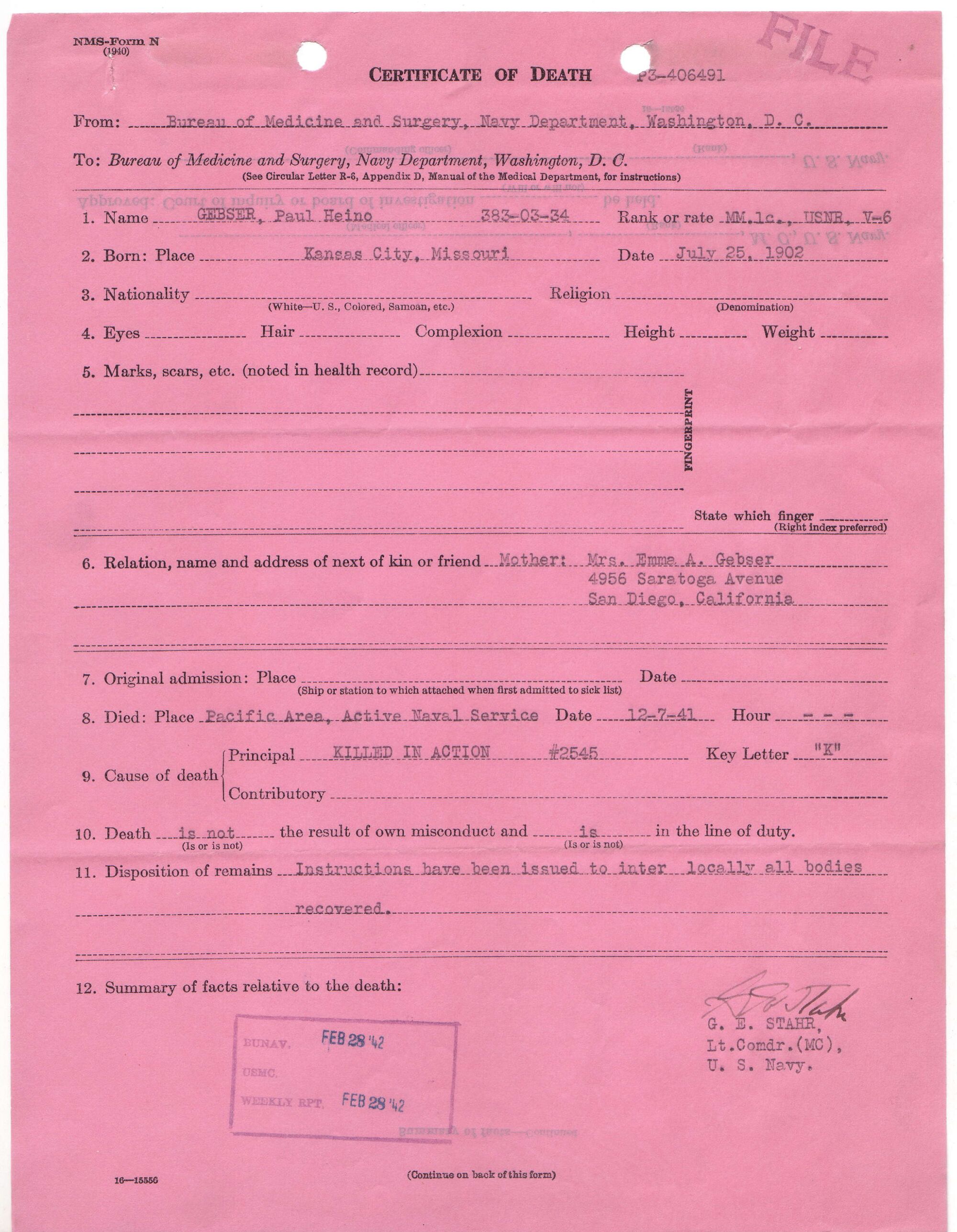 A pink death certificate from World War II