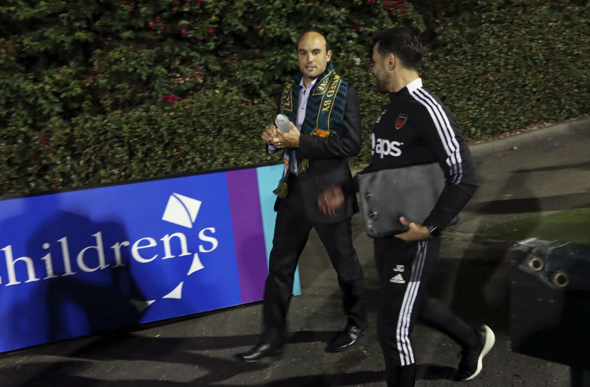 San Diego Loyal Coach Landon Donovan walks out to the field during game against Phoenix Rising at USD's Torero Stadium.