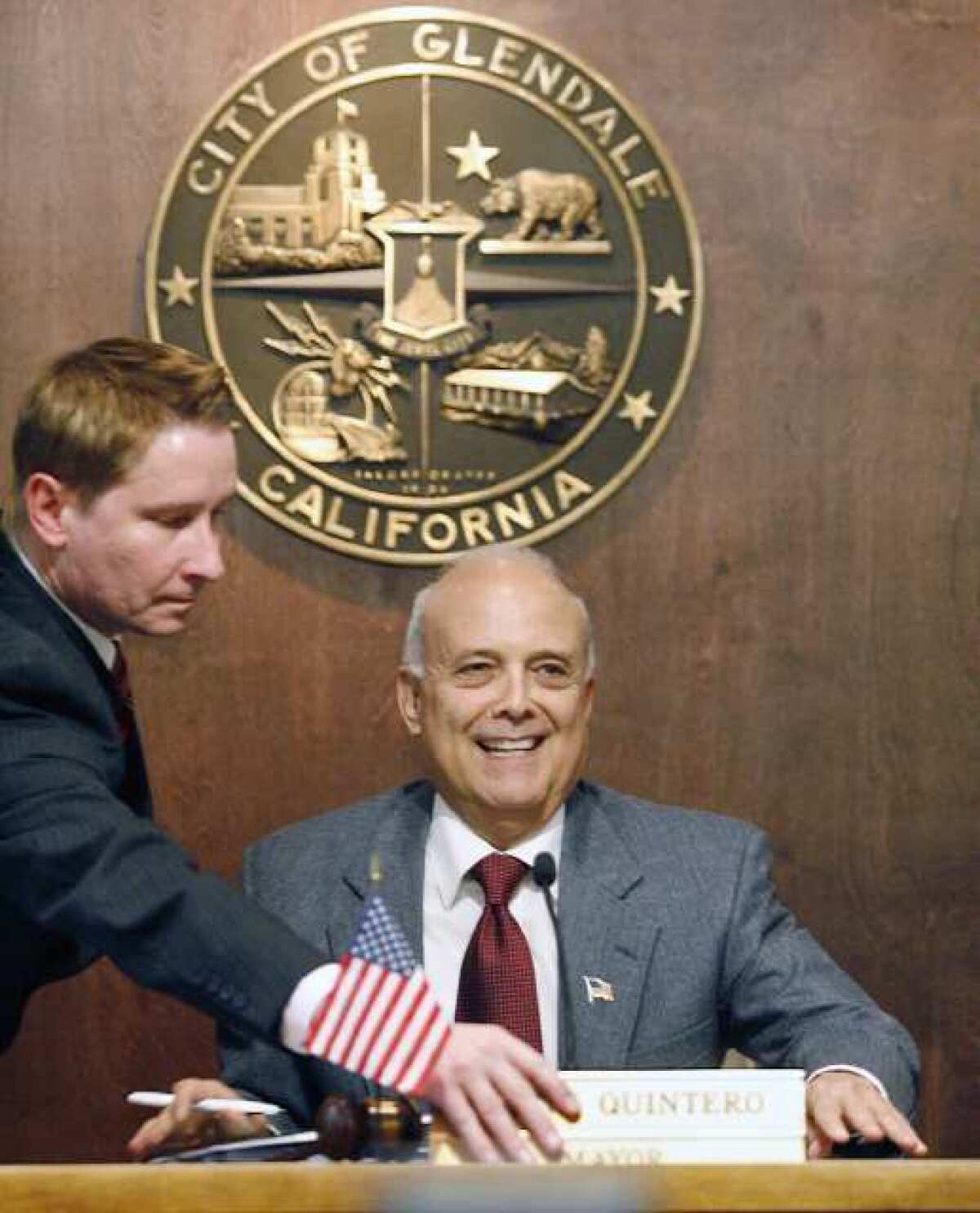 Frank Quintero takes his seat as mayor of Glendale after being selected by his fellow council members on Tuesday.