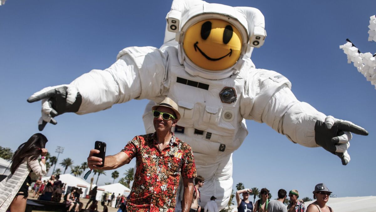 “Escape Velocity,” a 36-foot-tall, 57-foot-long, 40-foot-wide astronaut, created by the artists of Poetic Kinetics Inc. hovered above the festival grounds in 2014 and cemented Coachella's rep as a place to be seen on social media.