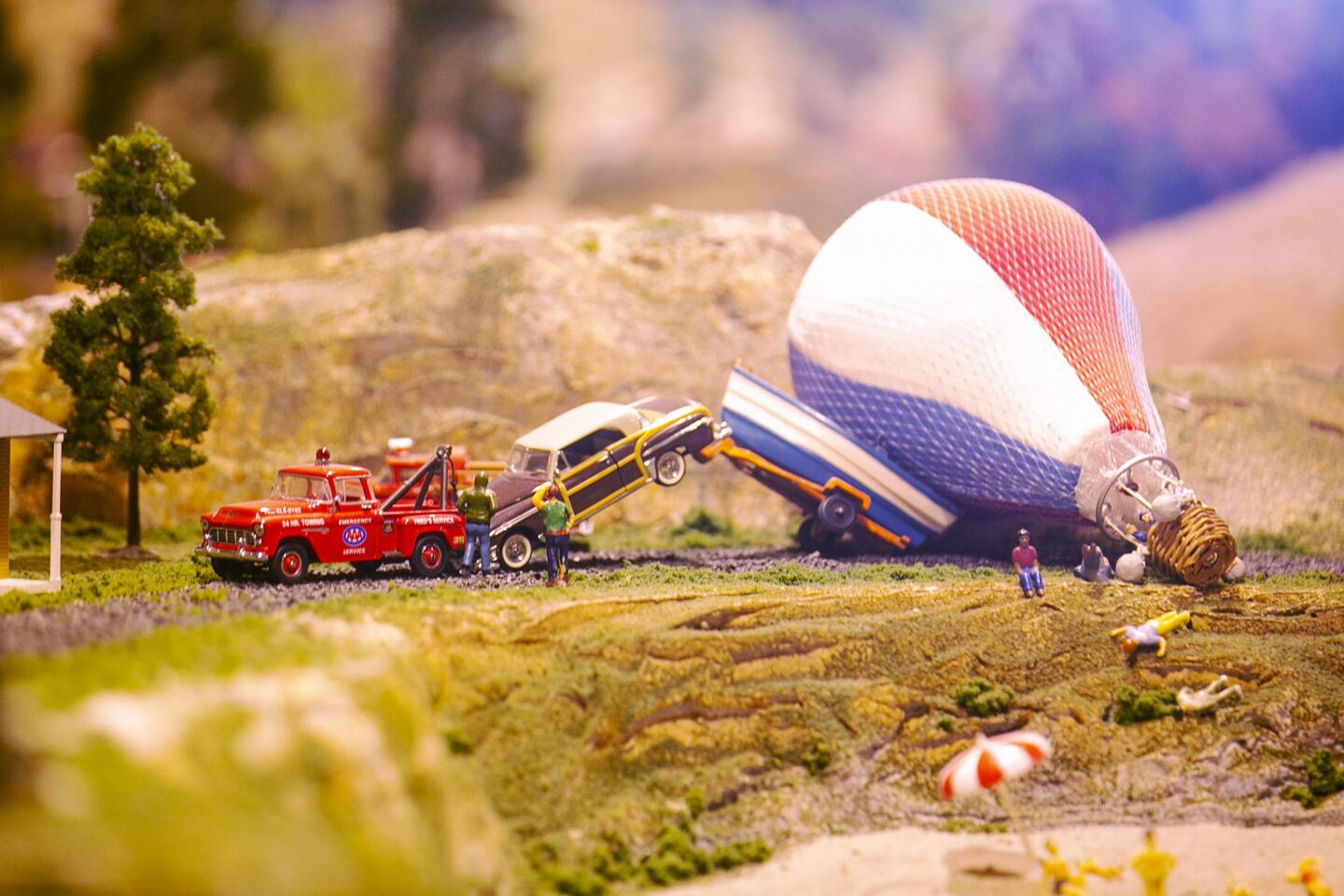 David Lizerbram and his wife Mana Monzavi took over the Old Town Model Railroad Depot, which was in danger of closing. The extensive train layout and its detailed and sometimes humorous dioramas was photographed on Friday, Dec. 13, 2019, at its Old Town, San Diego location. Looks like a bad end to a balloon ride and a vacation at the lake.
