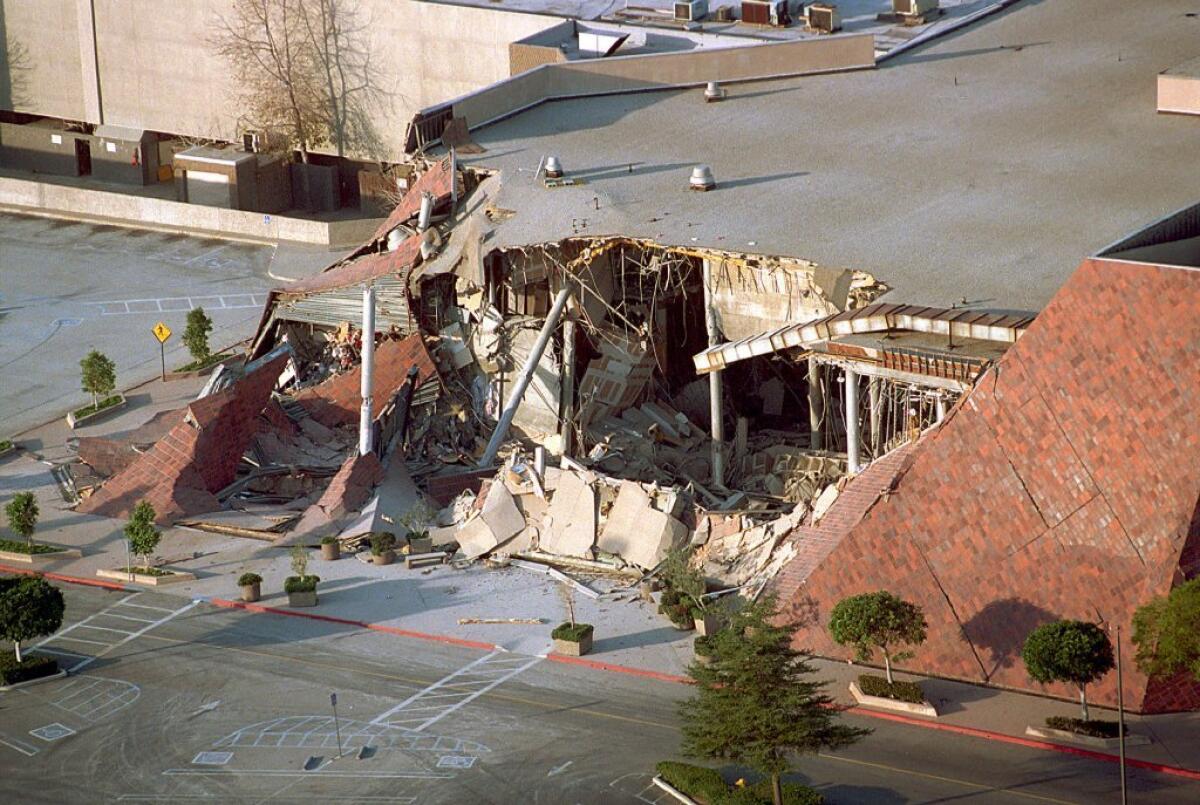 Shown is a department store at the Northridge Fashion Center that collapsed after the 1994 Northridge quake. Scientists used ocean waves to create a "virtual earthquake" to simulate the ground motion and physical damage that can be expected from a real quake along the San Andreas Fault.