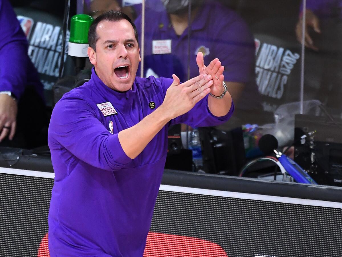 Lakers coach Frank Vogel calls for a timeout during Game 1 of the NBA Finals.