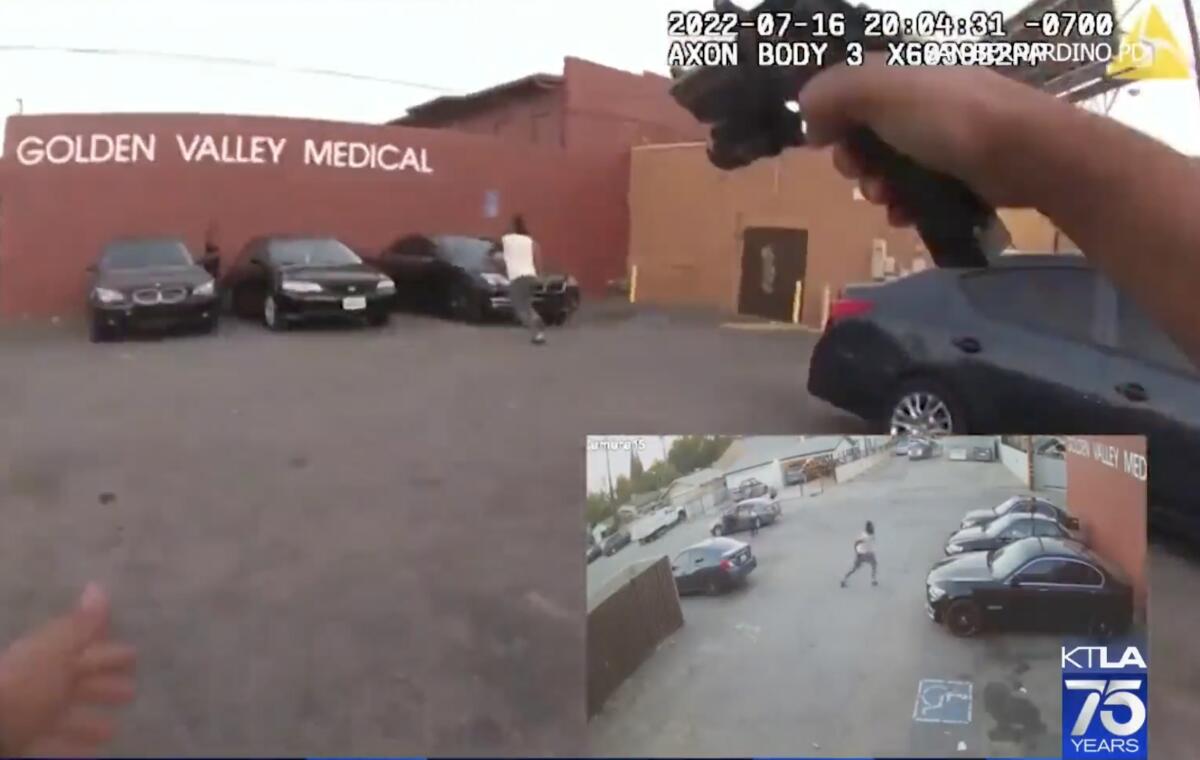 An image of a hand pointing a gun at a man running toward cars outside a building, with a smaller inset view of him running.