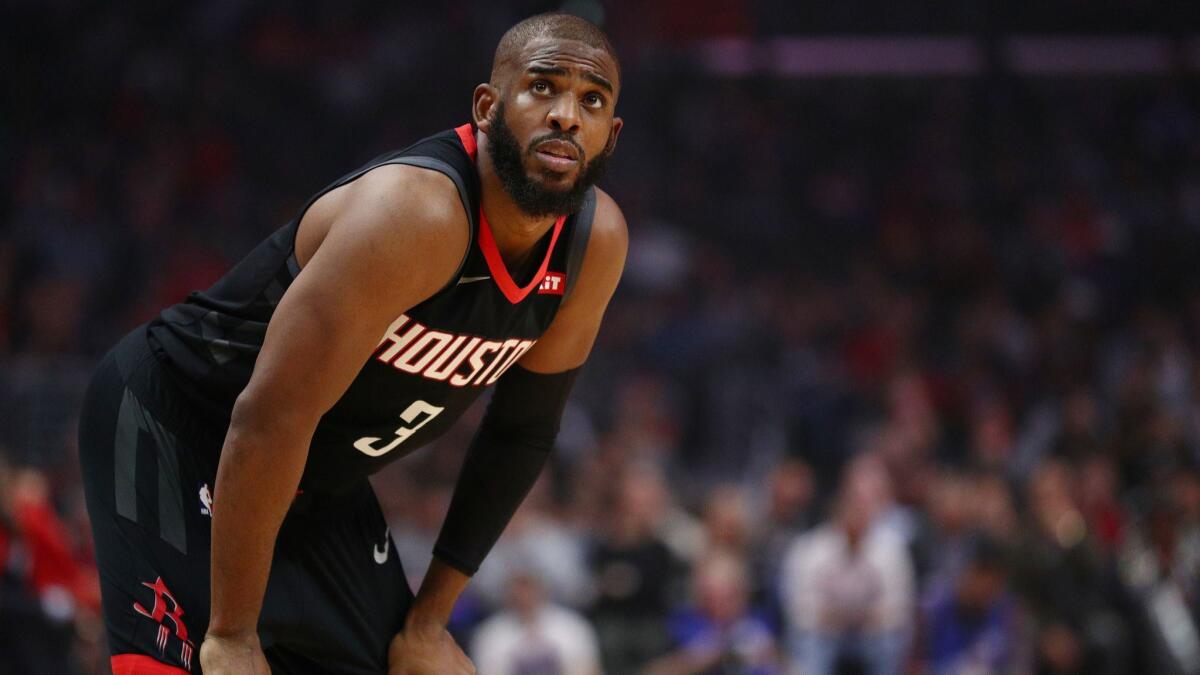 Houston Rockets' Chris Paul looks on during the first half against the Clippers at Staples Center on Wednesday.