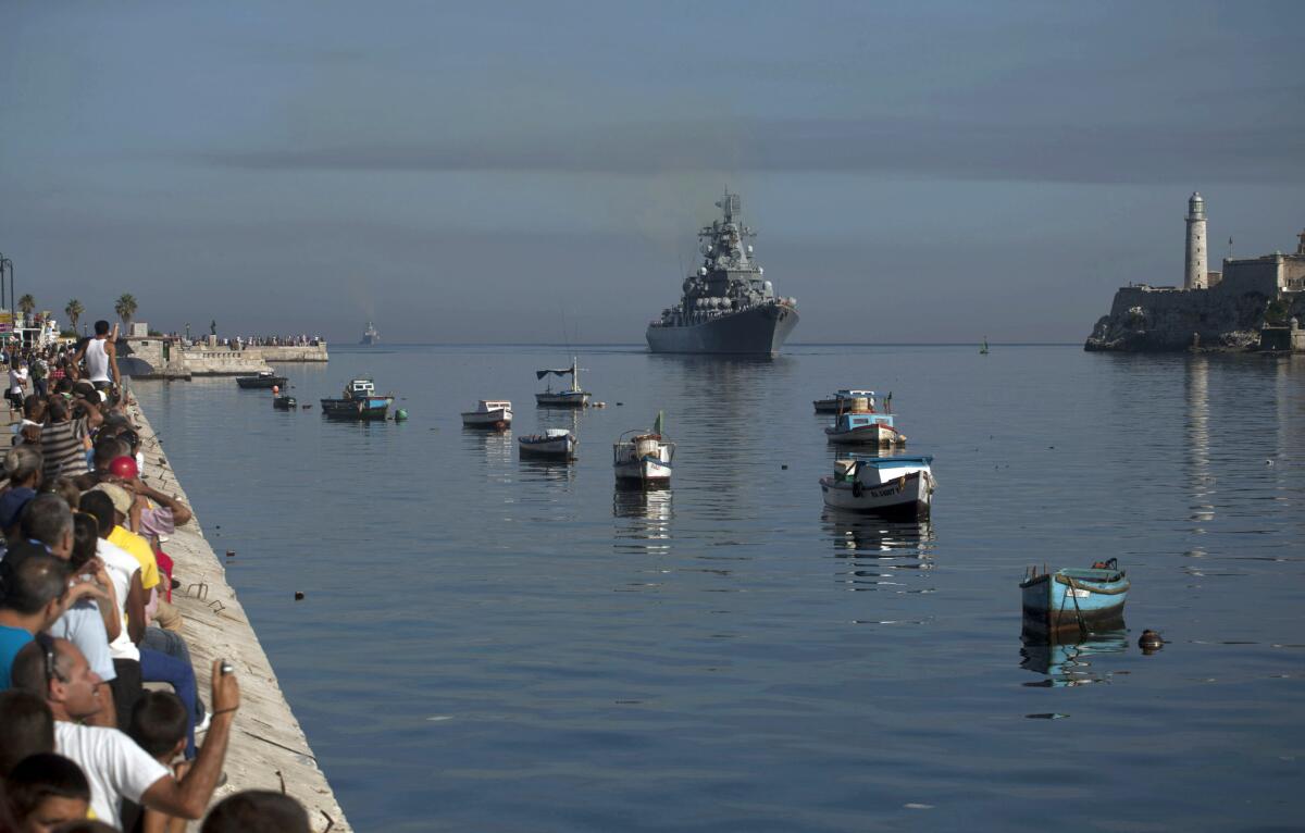 The Russian guided-missile cruiser Moskva, now steaming from the North Atlantic toward the eastern Mediterranean, is pictured here in Havana Harbor, where it made a port of call earlier this month.