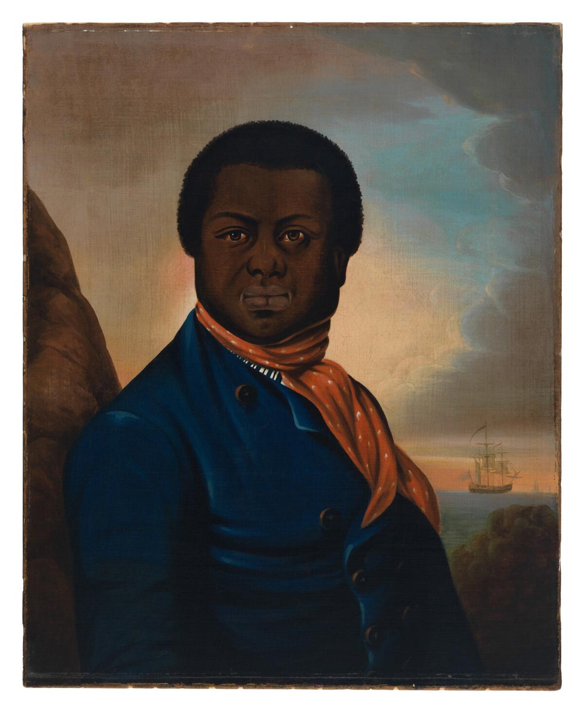 Painting showing a Black man in a blue sailor's jacket and scarf with a ship at sea in the background