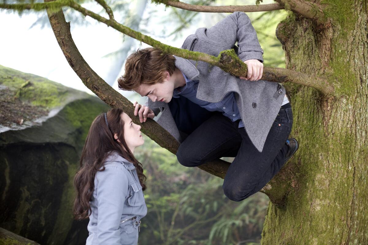 Kristen Stewart's Bella stares up at Robert Pattinson's Edward, who is perched in a tree on a pair of branches