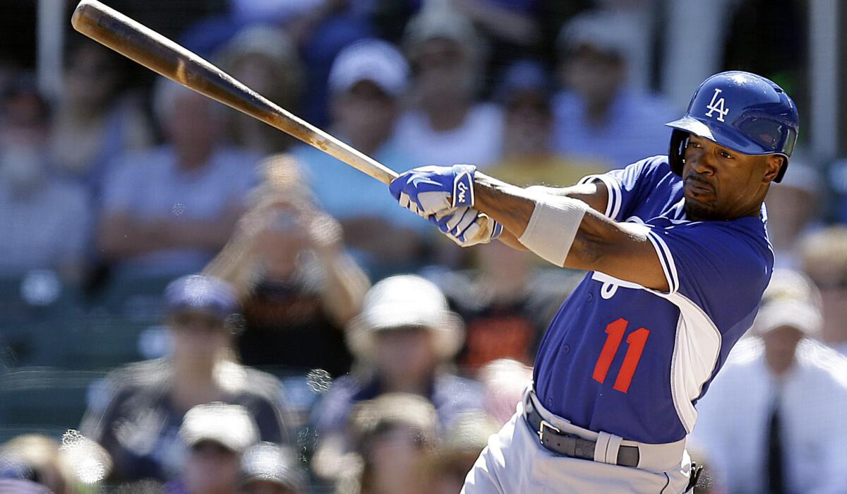 Dodgers shortstop Jimmy Rollins, shown on March 21 hitting against the Rockies, is batting .333 this spring after collecting two hits Thursday against the White Sox.