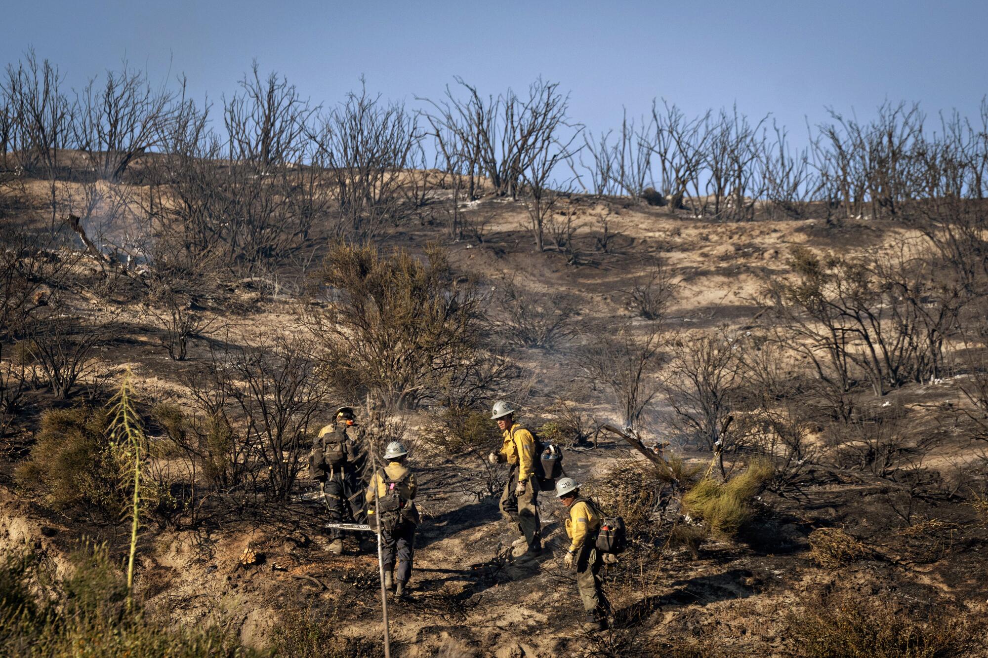 Fire crews battle a hot spot at the Gorman Brush Fire in northern Los Angeles County on Sunday.