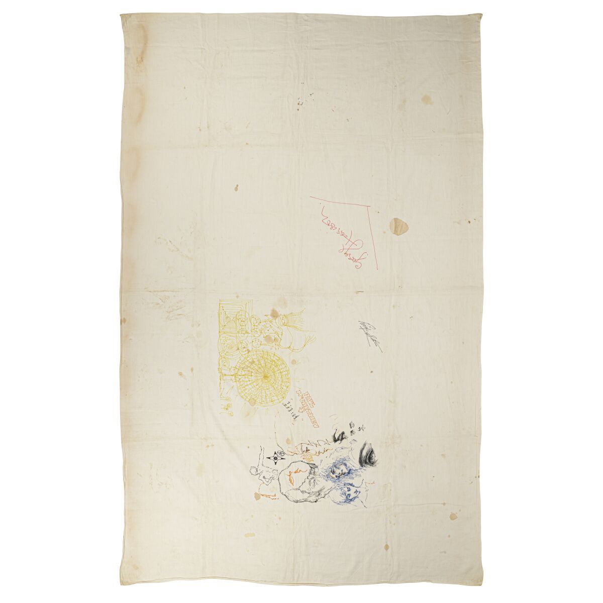 A tablecloth with signatures and drawings