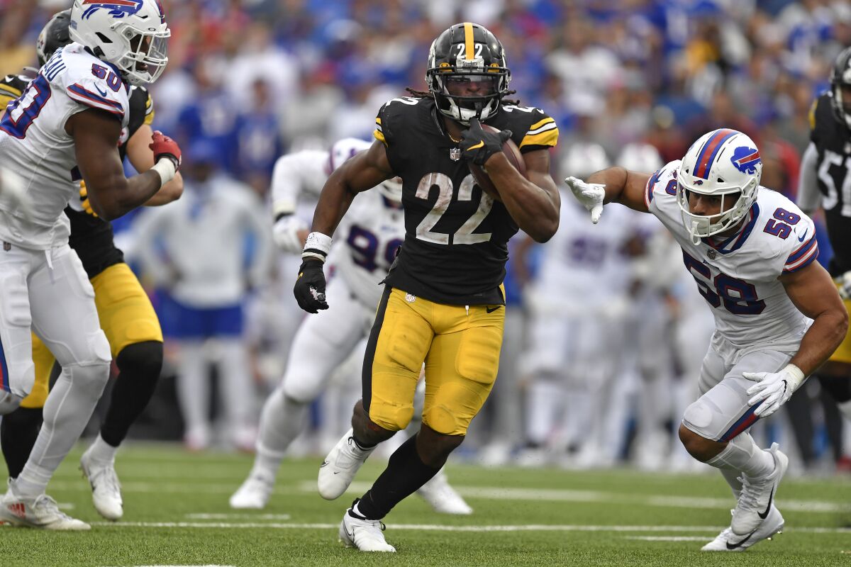 Pittsburgh Steelers running back Najee Harris (22) carries the ball during the second half of an NFL football game against the Buffalo Bills in Orchard Park, N.Y., Sunday, Sept. 12, 2021. (AP Photo/Adrian Kraus)