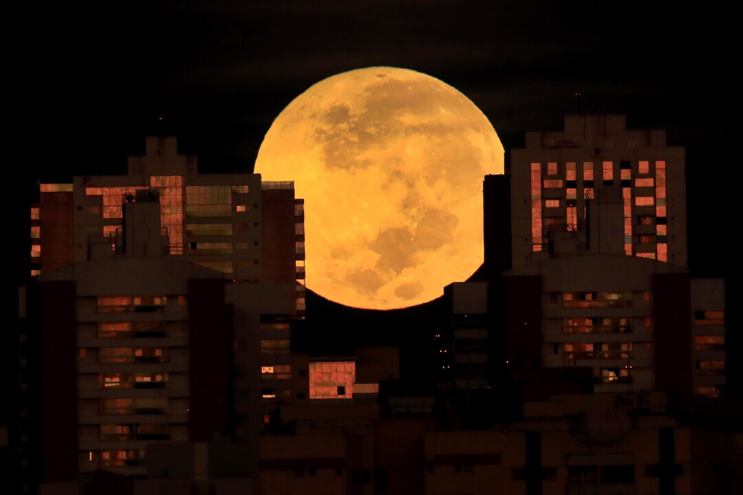 I grattacieli fanno da cornice alla vista della luna al tramonto