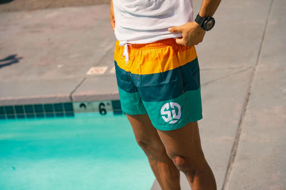 The San Diego Loyal shorts come in the team colors, a combo of green-blue and yellow-orange.
