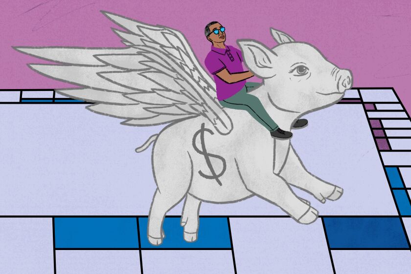 An illustration of a man riding a flying silver pig with a dollar sign on it.